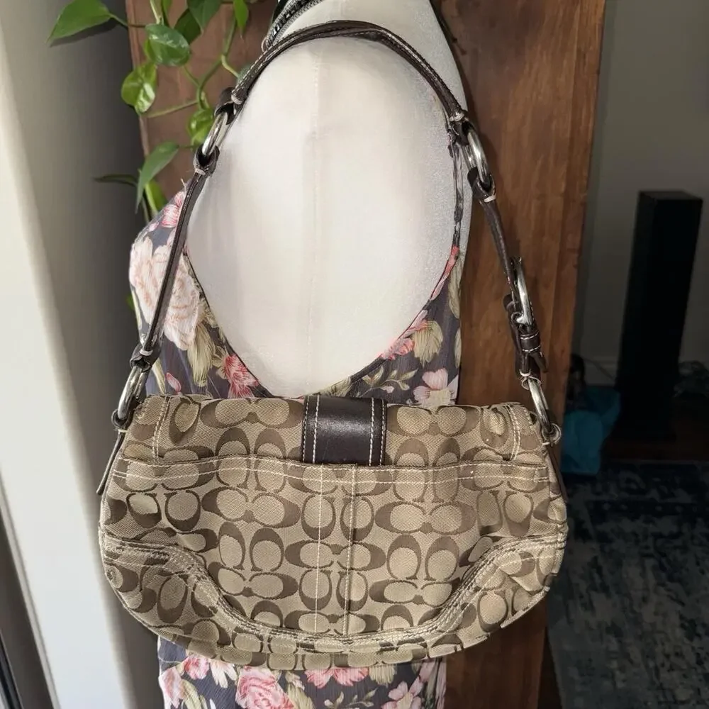 Coach Brown Signature soho Canvas Leather Trim Shoulder Bag Silver Hardware